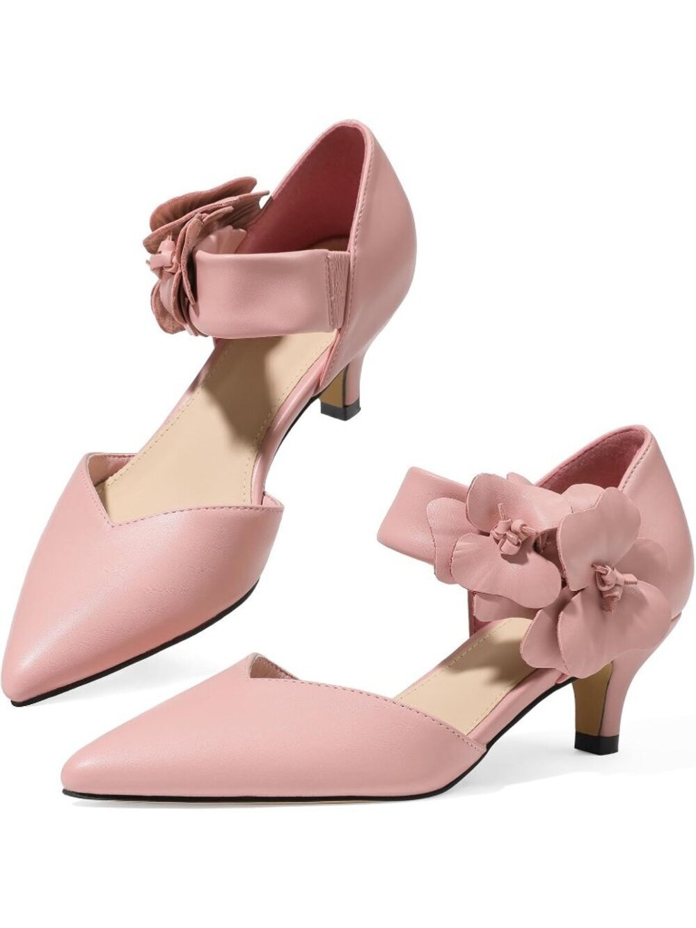Women's Pink Pu Low Kitten Heels Closed Pointed Slip On Ankle Strap Shoes